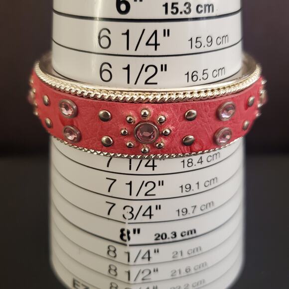 Pink and Silver Tone Cuff Bracelet with Faux Leather and Rhinestone Accents - Picture 3 of 9